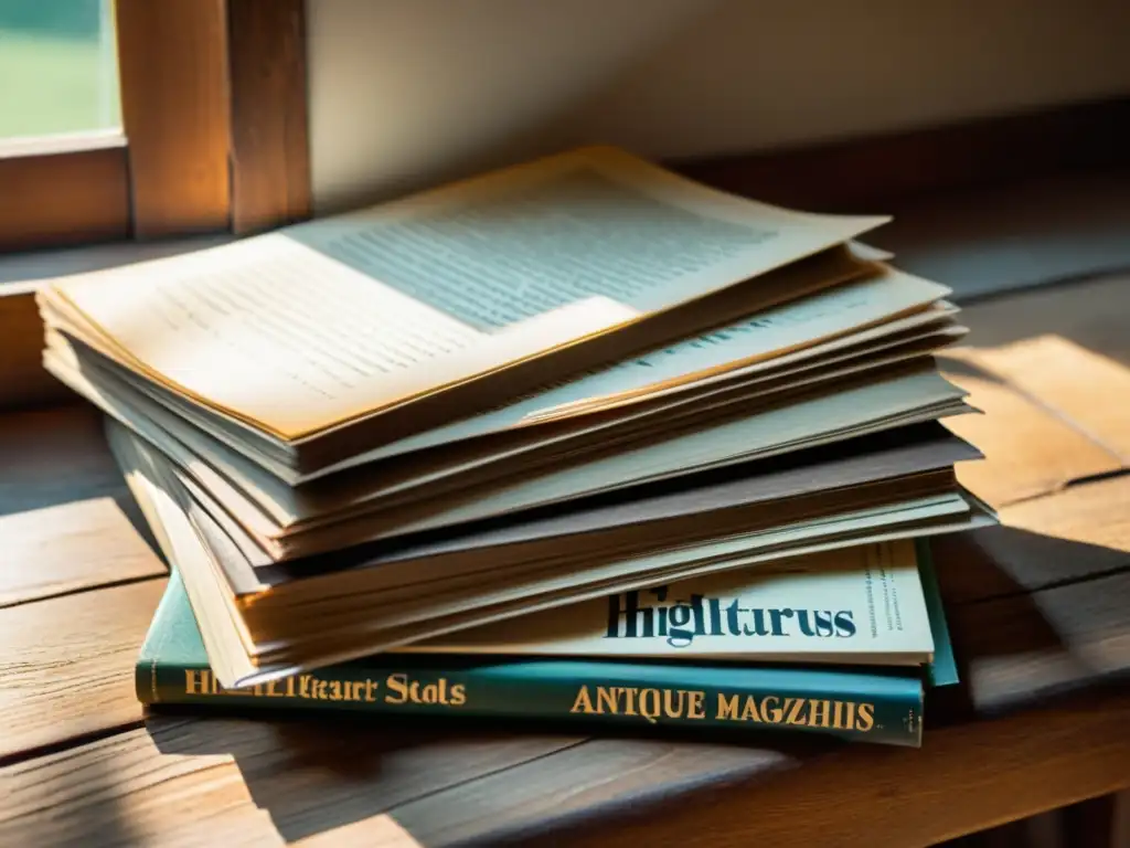 Una colección de revistas literarias antiguas reposa en una mesa de madera vintage, evocando curiosidad intelectual y significado histórico