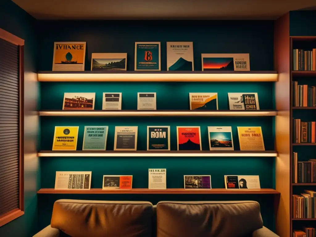 Coleccionismo de carteles de películas y literatura en una habitación atmosférica, con detalles intrincados y colores vibrantes