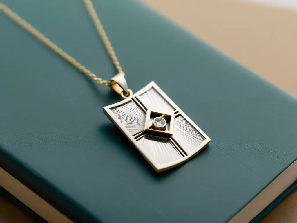 Collar de plata con colgante de libro abierto, detalles literarios y un diamante