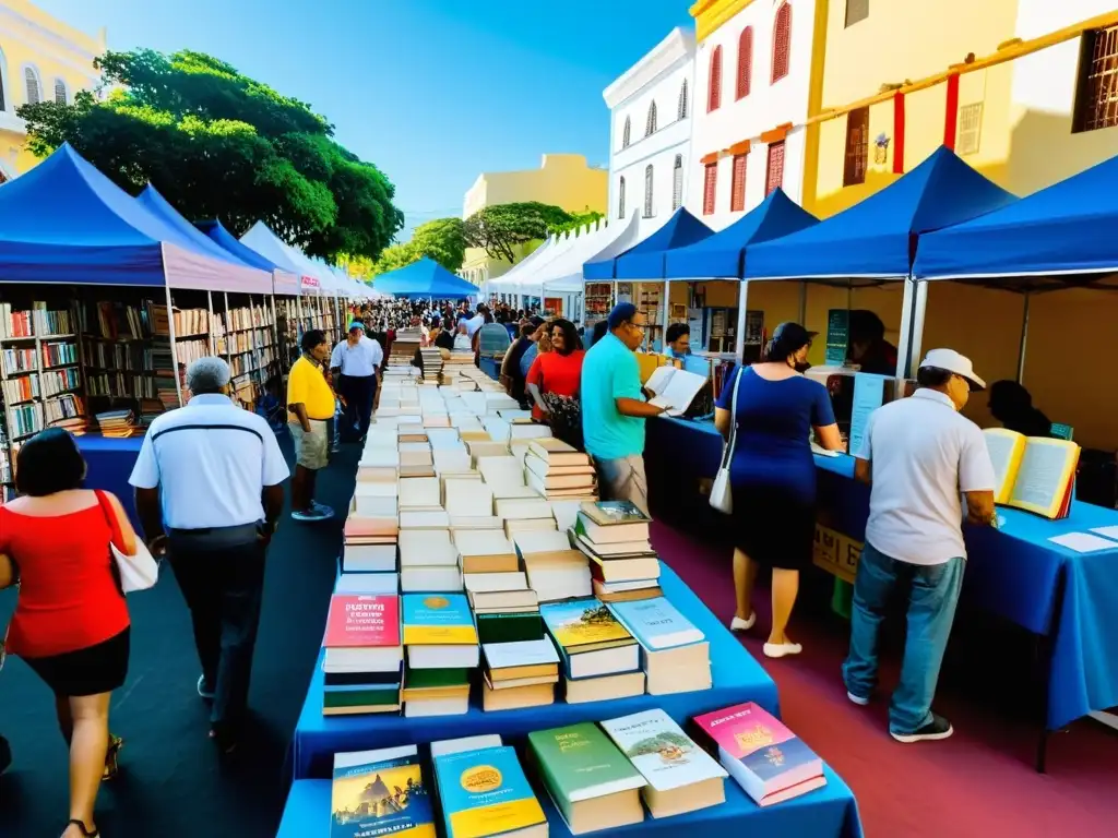 Colorido festival de libros al aire libre en el Festival de la Palabra Puerto Rico, con puestos vibrantes bajo un cielo azul