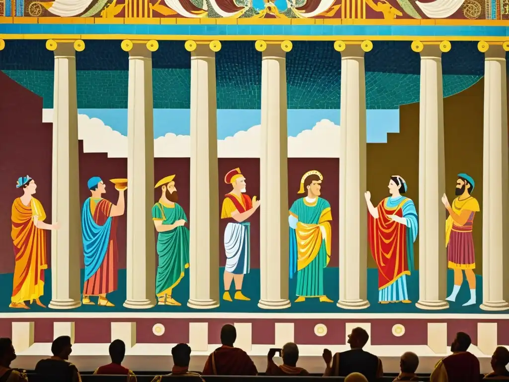 Colorido mosaico romano de comedia: actores en escena con togas y columnas, público aplaudiendo