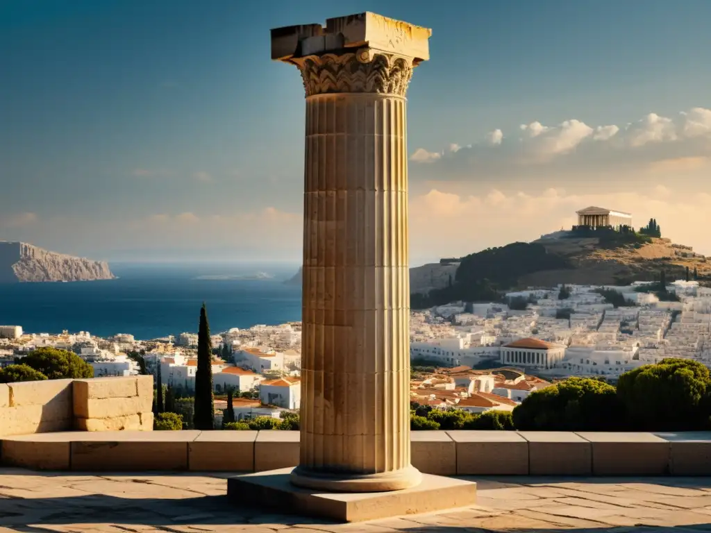 Una columna griega antigua destaca en la ciudad moderna, simbolizando los Fundamentos teoría literaria Aristóteles con elegancia atemporal