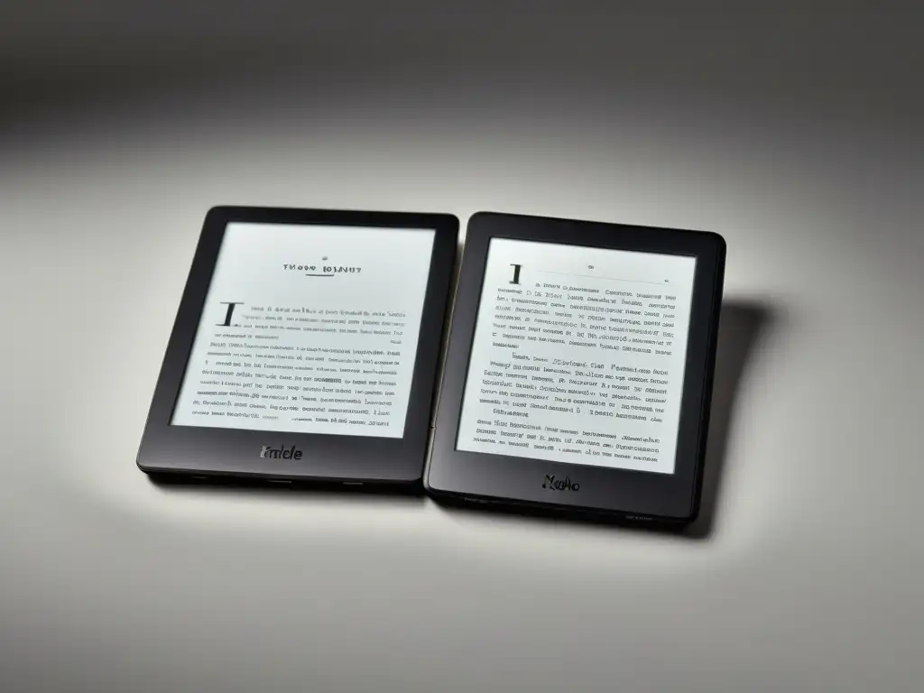 Comparativa Kindle vs Kobo: Dos elegantes ereaders en contraste sobre superficie blanca, iluminados y con diseño minimalista