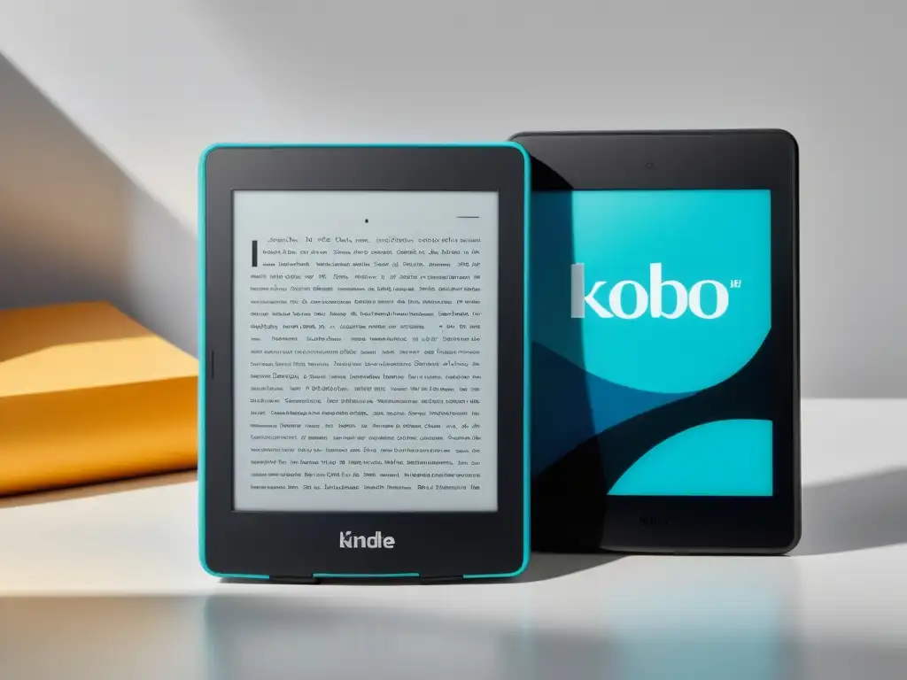 Comparativa Kindle vs Kobo: Dos elegantes ereaders iluminados por luz natural en superficie blanca