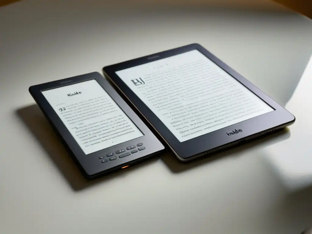 Comparativa Kindle vs Kobo: Dos elegantes eReaders mostrando el mismo libro en pantallas iluminadas, en una superficie blanca