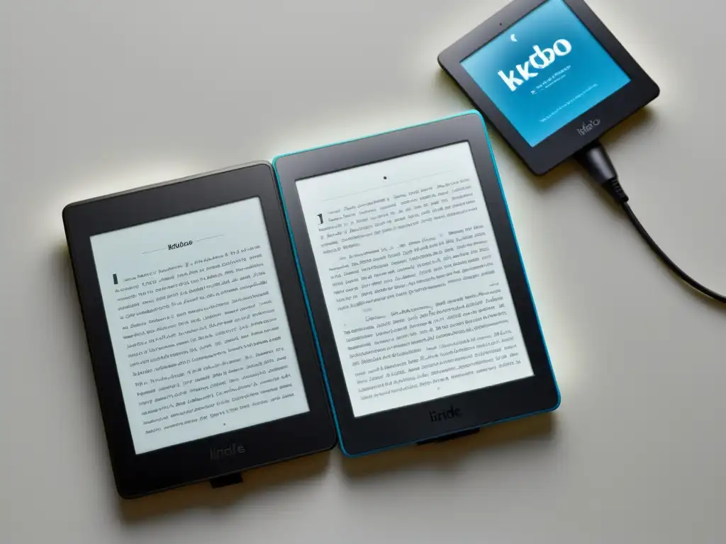 Comparativa Kindle vs Kobo: Dos elegantes ereaders, con luces cálida y fría, destacando su modernidad y sofisticación