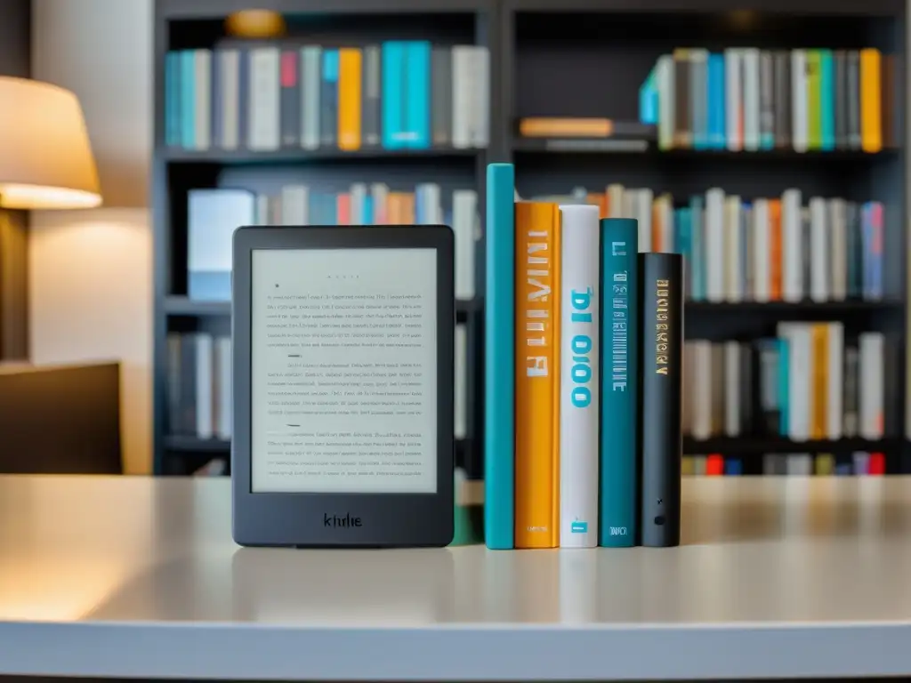 Comparativa Kindle vs Kobo: Dos elegantes eReaders sobre un moderno escritorio, iluminados por la suave luz natural