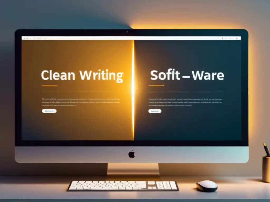 Una comparativa de software de escritura gratuita y paga con interfaces modernas y elegantes, rodeadas de un cálido resplandor profesional