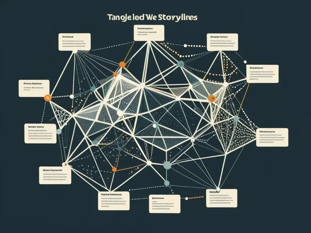 Una compleja red de historias entrelazadas, nodos representan capítulos y tramas