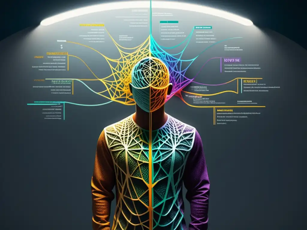 Compleja red de líneas entrelazadas en un mapa mental, representando subtramas de colores