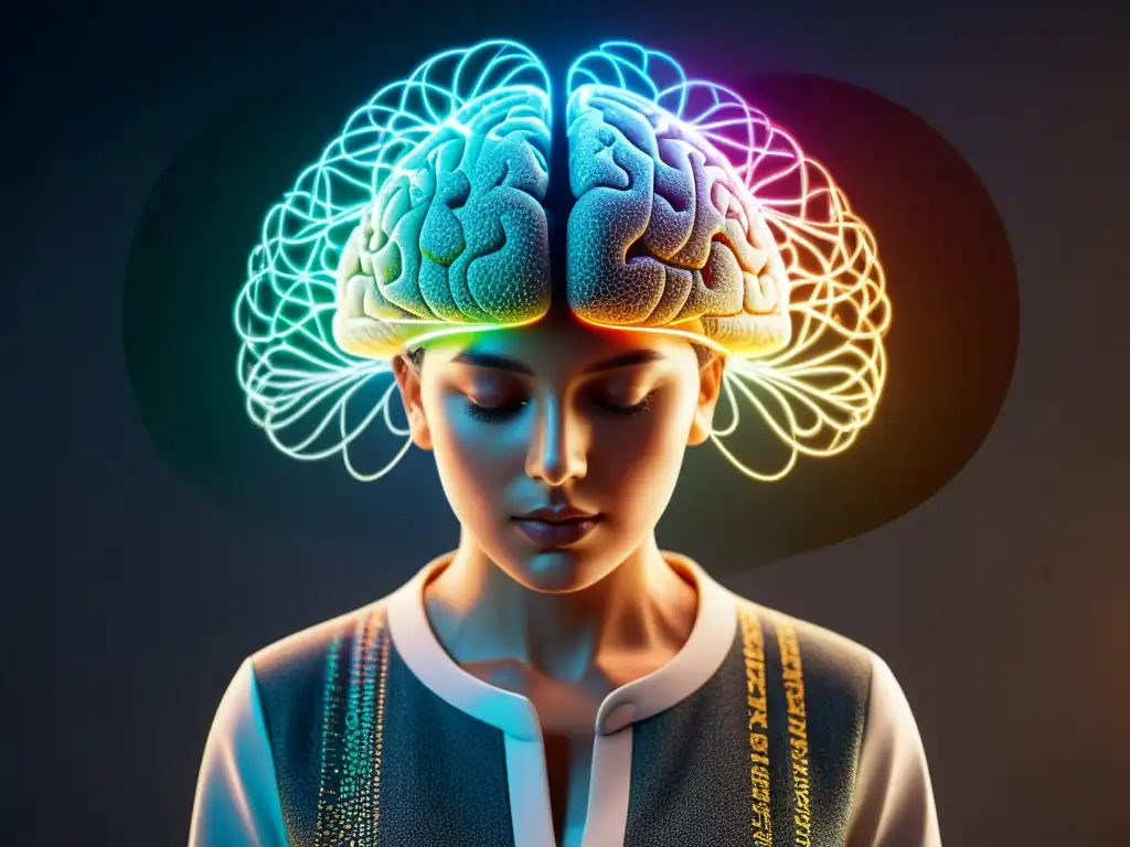 Compleja red de sinapsis cerebrales bilingües, con colores representando idiomas, simbolizando el códigoswitching significado cultural