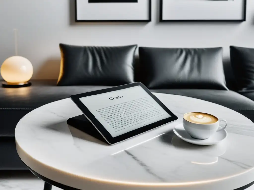 Decoración con ebooks y tablets: Una composición minimalista y elegante con un tablet negro sobre una mesa de café de mármol blanco, rodeado de ebooks con cubiertas elegantes