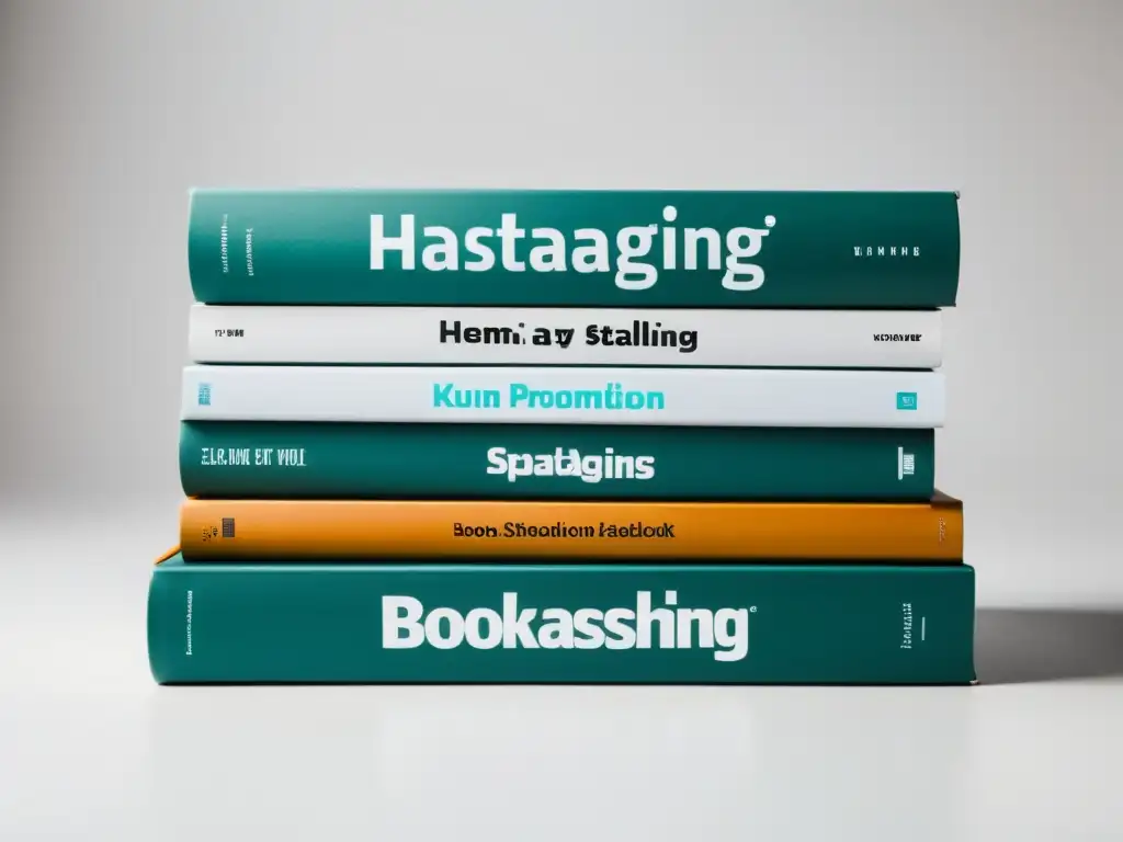 Una composición minimalista de libros con hashtags estratégicos para promoción, sobre fondo blanco