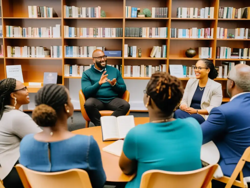 Comunidad de lectores y escritores en BookRix, disfrutando de animadas conversaciones literarias en un ambiente acogedor rodeado de libros