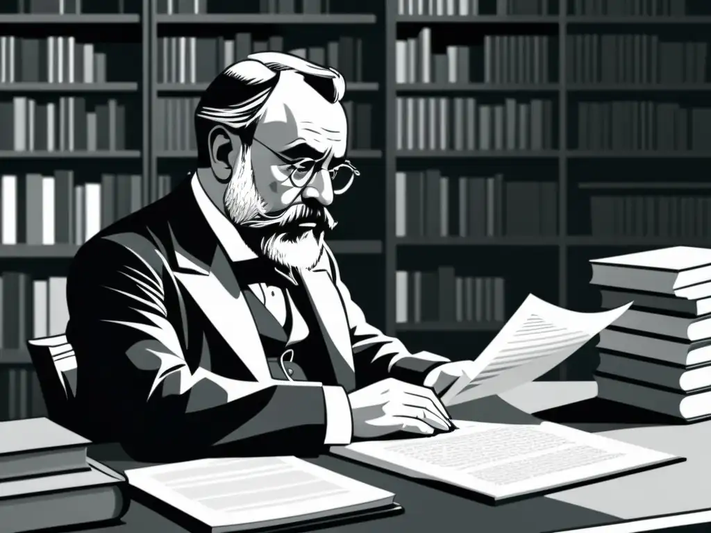 Émile Zola concentrado en su escritorio, rodeado de libros y papeles, refleja su filosofía del naturalismo