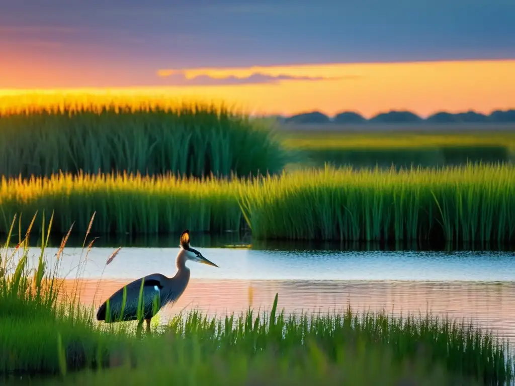 Un conejo de pantano solitario contempla el atardecer en un tranquilo pantano, reflejando la cálida luz del sol