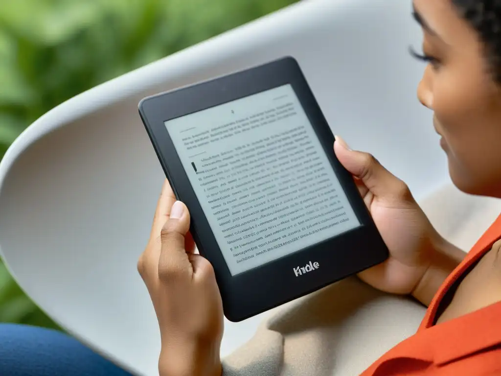 Configuraciones lectores digitales accesibilidad: Kindle Paperwhite con menú de accesibilidad abierto, texto grande y opciones de audio