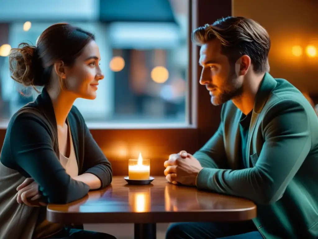 Consejos para crear relaciones auténticas: Encuentro íntimo en un café iluminado por una cálida vela, donde dos personas conectan genuinamente