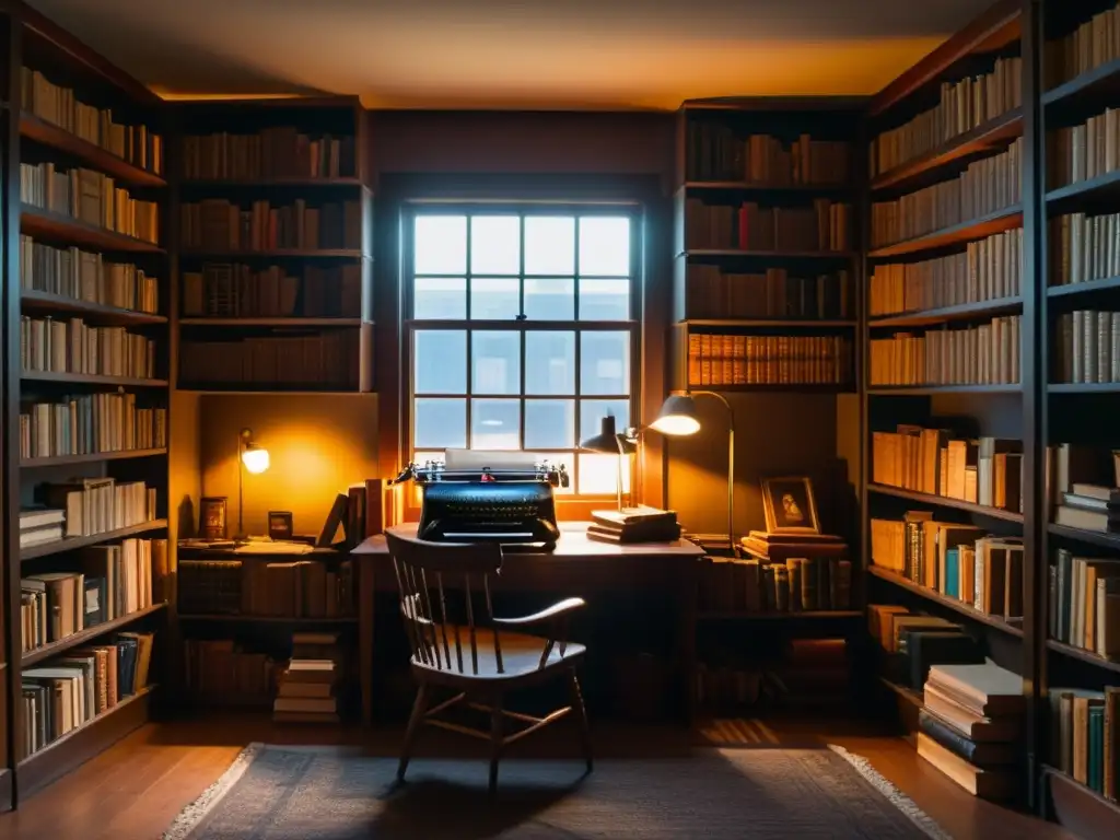 Construcción de una atmósfera literaria entorno emocional en un estudio lleno de libros antiguos, una vieja máquina de escribir y una luz cálida