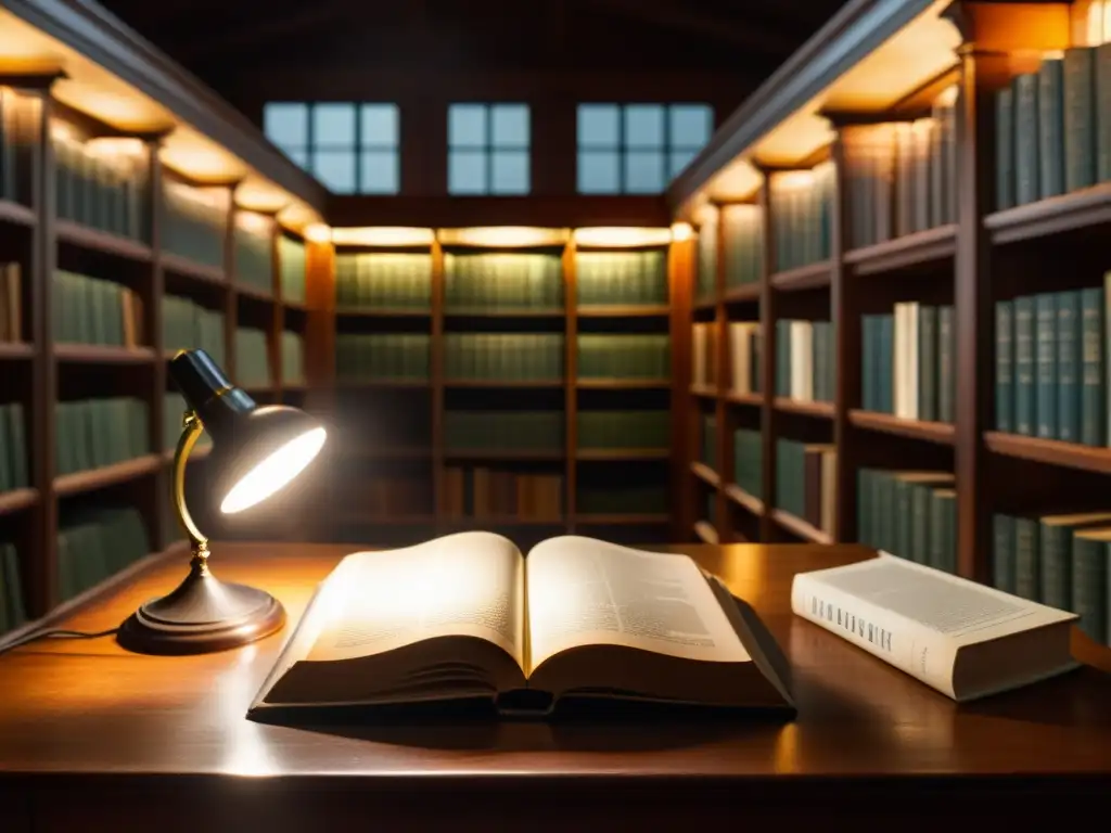 Construcción de atmósfera literaria entorno emocional en biblioteca antigua con libros de cuero y luz cálida sobre mesa de madera