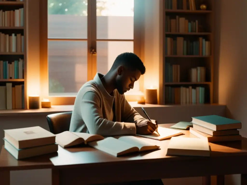 Un consultor literario reflexiona rodeado de libros y herramientas de escritura, con luz cálida entrando por la ventana