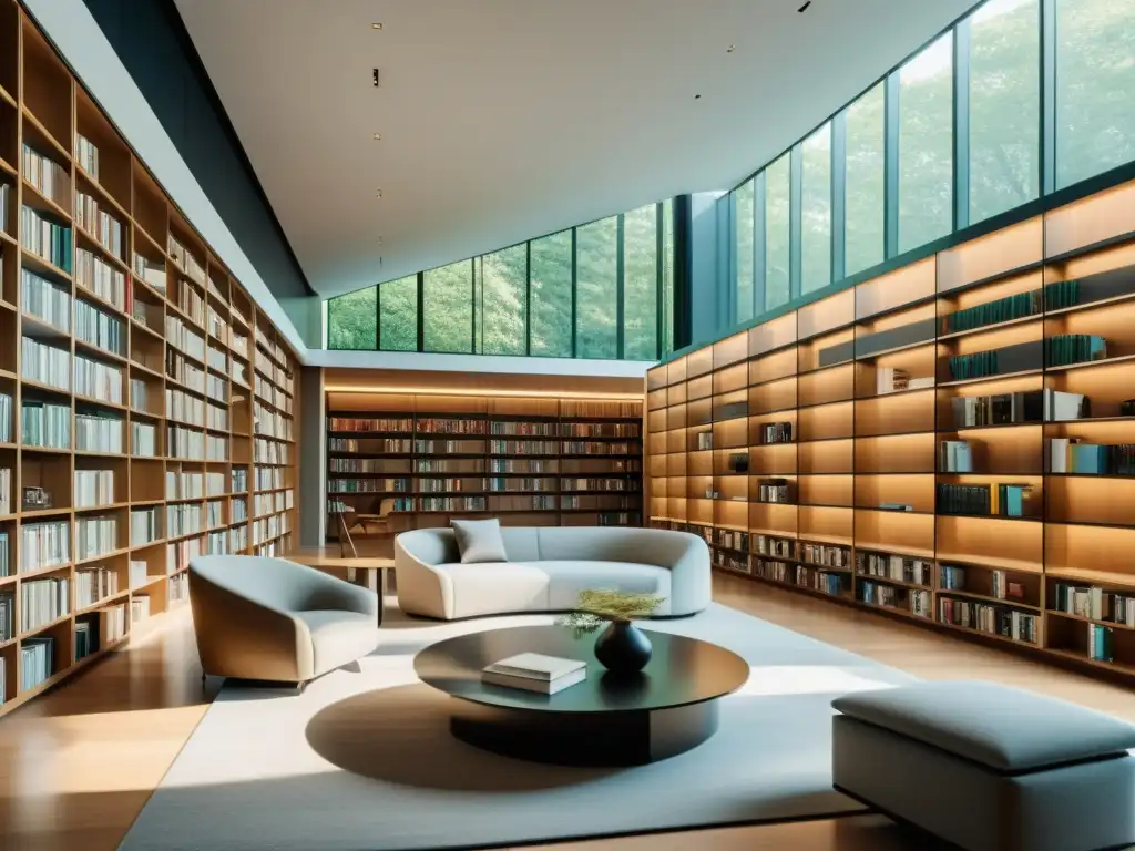 Biblioteca moderna, minimalista: 8k imagen Consultoría literaria para narrativa transmedia en una biblioteca moderna con luz natural y ambiente creativo