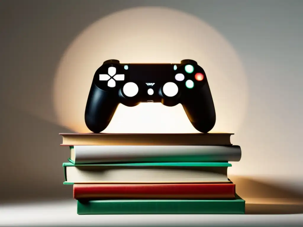 Un control de videojuegos descansa sobre libros con títulos de literatura y gaming, con sombra formando un personaje