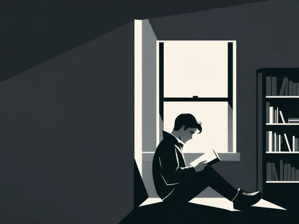 Creación de personajes literarios complejos: Ilustración minimalista en blanco y negro de un personaje literario enigmático, solo en una habitación tenue, con un libro en mano