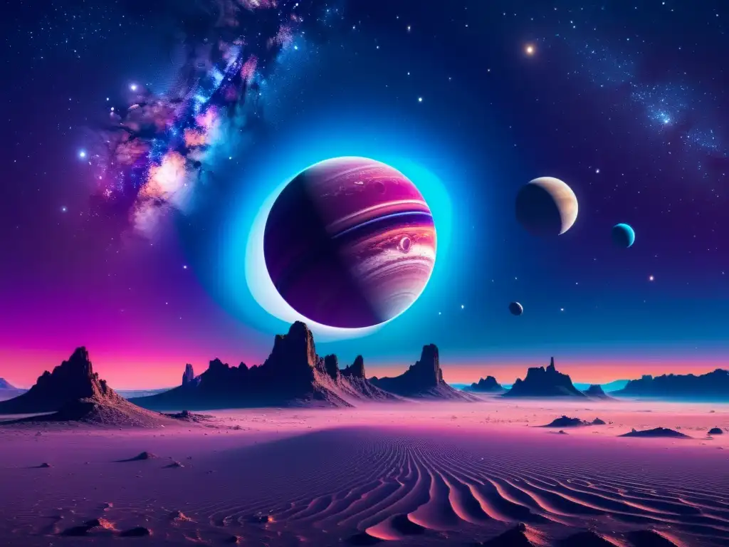 Creación de universos alternos fantasía: Paisaje cósmico con planetas, lunas, nebulosas y estructuras futuristas, en tonos azules, purpuras y rosas