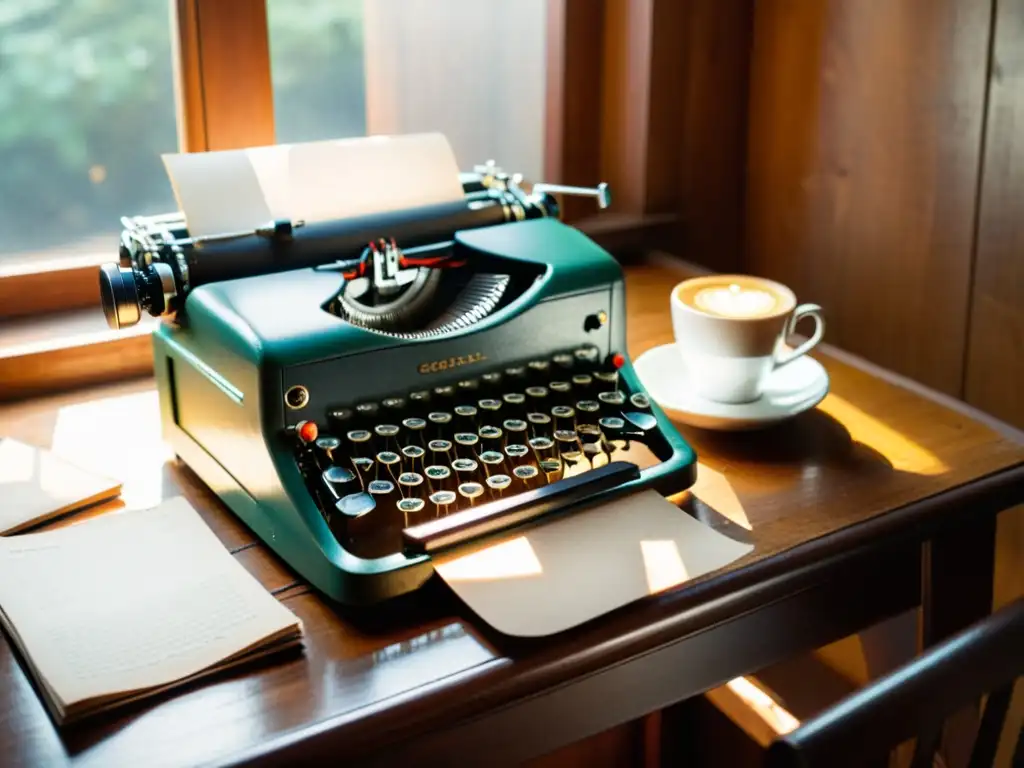 En el rincón creativo del escritor, una máquina de escribir vintage reposa sobre un escritorio de madera, rodeada de notas de café y una taza