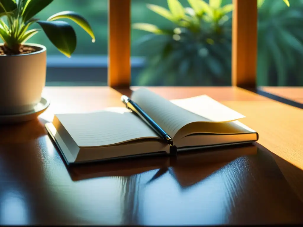 Notebook en blanco: potencial creativo Un cuaderno abierto en un escritorio de madera con una pluma descansando en la página
