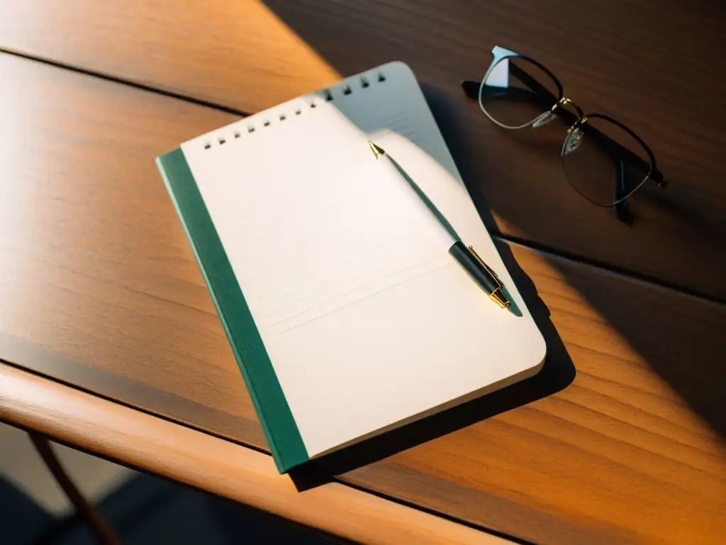 Un cuaderno en blanco abierto sobre un escritorio de madera, con una suave luz natural