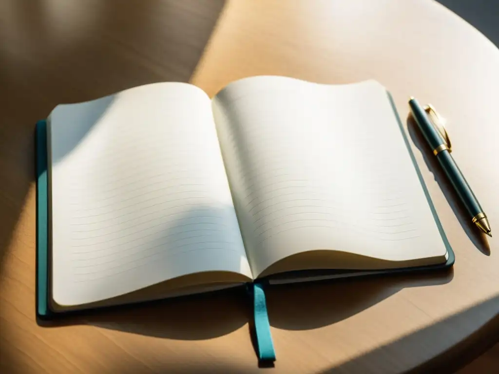 Notebook en blanco con pluma: Inspiración minimalista Un cuaderno en blanco con un bolígrafo, bañado por luz natural