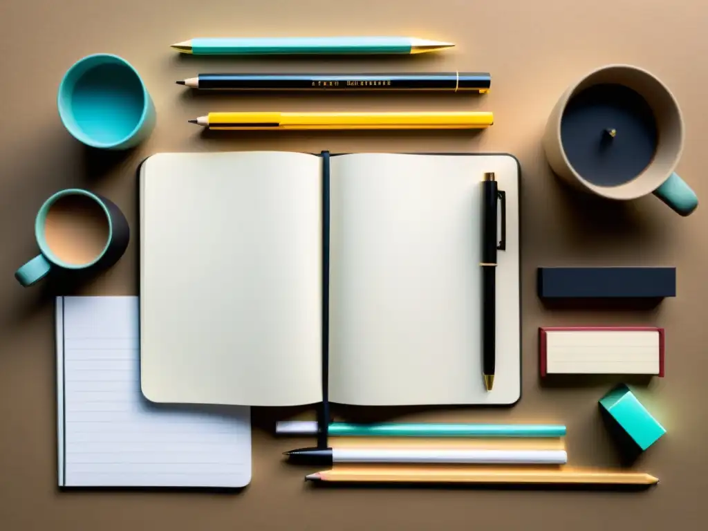 Un cuaderno en blanco rodeado de útiles de escritura, iluminado suavemente