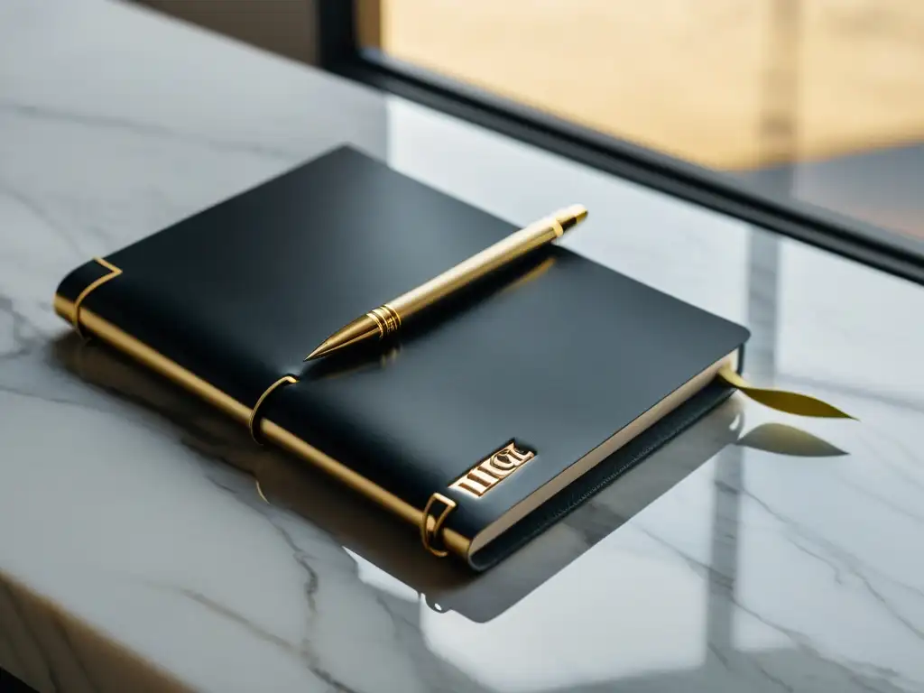 Un cuaderno de cuero negro con bordes dorados y una pluma dorada sobre una mesa de mármol