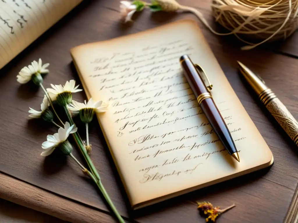 Un cuaderno envejecido con caligrafía elegante, rodeado de flores secas y una pluma antigua