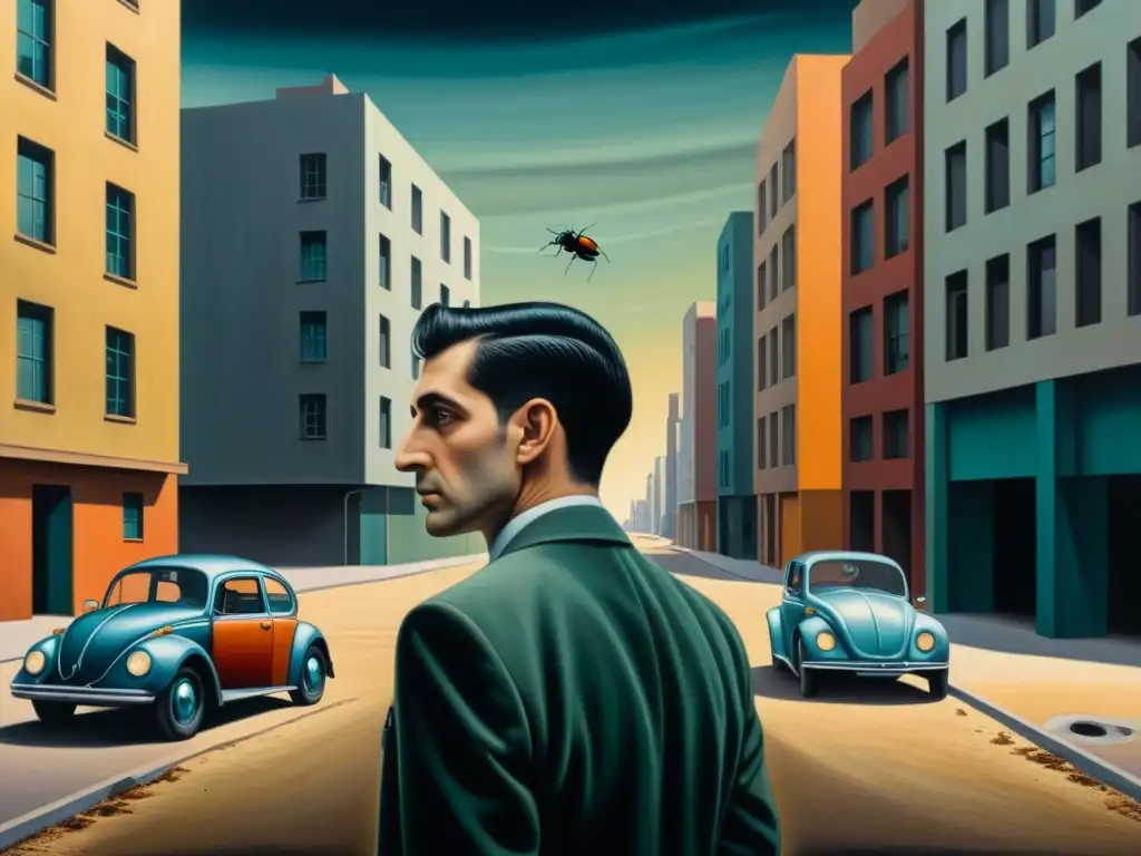 Cuadro surrealista: hombre con cabeza de escarabajo en paisaje urbano distorsionado, capturando la esencia de surrealismo en La Metamorfosis Kafka