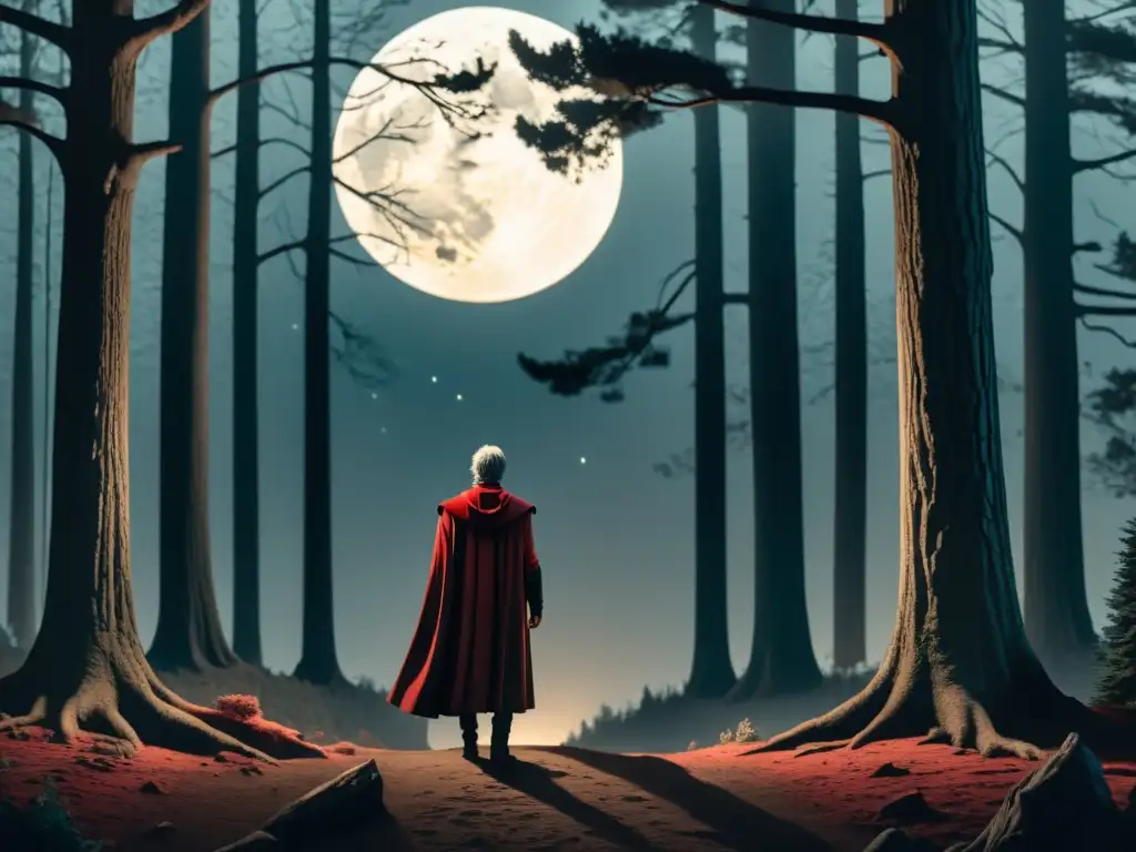 Dante Alighieri en el borde del oscuro bosque, bajo la luz de la luna, evocando el viaje literario más allá