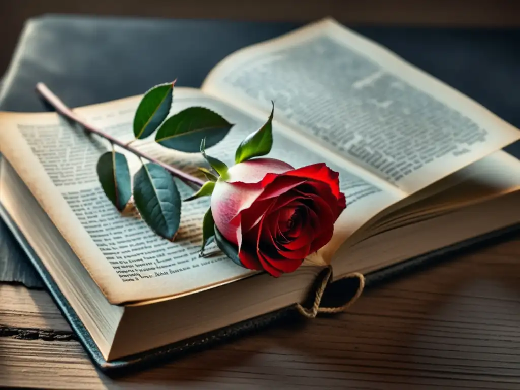 Una delicada petal de rosa sobre un libro viejo, evocando la belleza atemporal de las técnicas literarias para expresar emociones