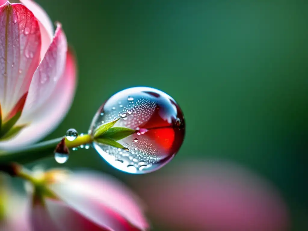 Una delicada pétalo de flor de cerezo con rocío, reflejando la luz matutina