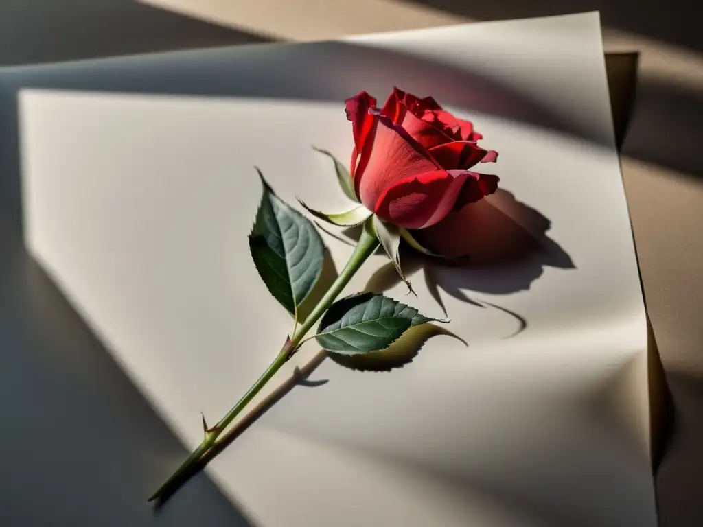 Una delicada pétalo de rosa reposa sobre papel en blanco, realzando la textura, con luz natural