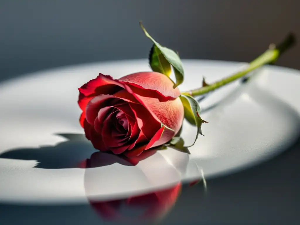 Un delicado pétalo de rosa roja descansando en una superficie blanca, evocando tranquilidad y belleza, papel de la poesía en la salud mental