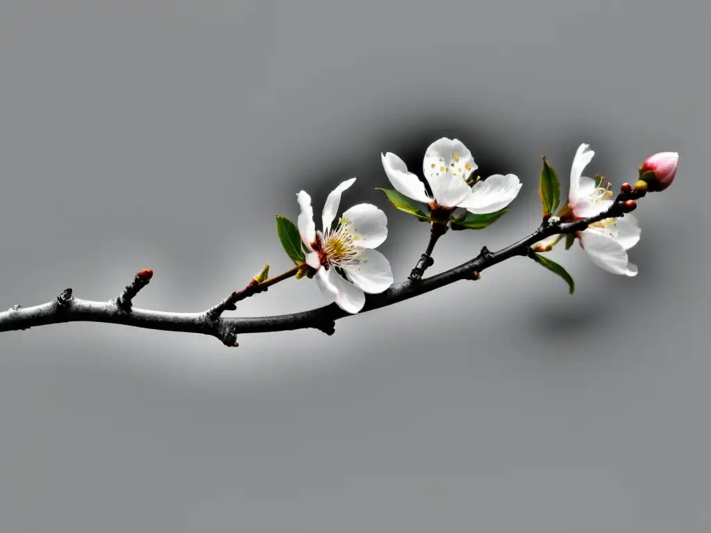 Un delicado ramo de cerezo en blanco y negro simboliza la serenidad del haiku y la poesía breve