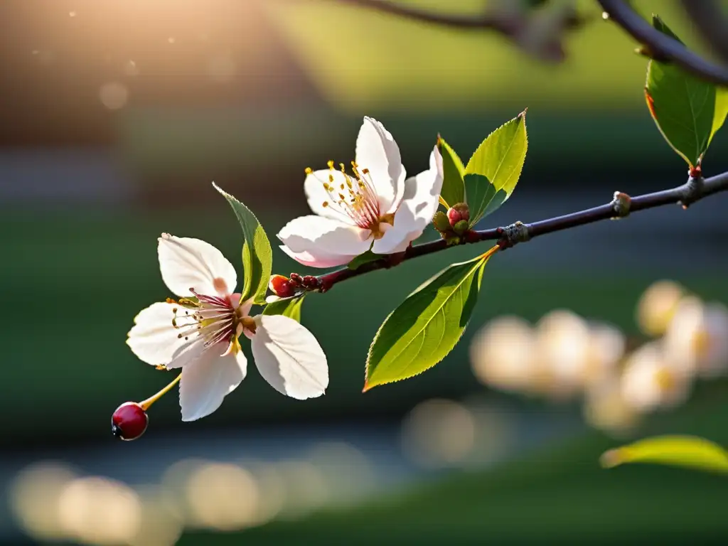 Un delicado ramo de flor de cerezo en un tranquilo jardín japonés, capturando la serenidad y la belleza del haiku