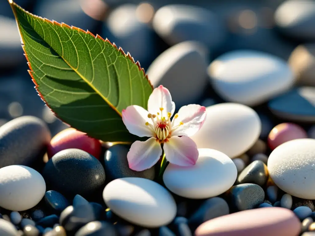 Un delicado sakura descansando sobre piedras blancas, iluminado por la luz del sol