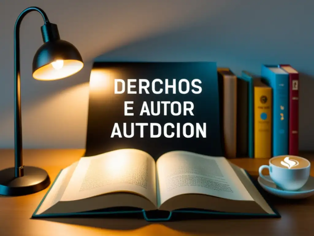 Derechos de autor en autoedición: libro abierto rodeado de símbolos de copyright y licencias, sobre un escritorio moderno con luz cálida