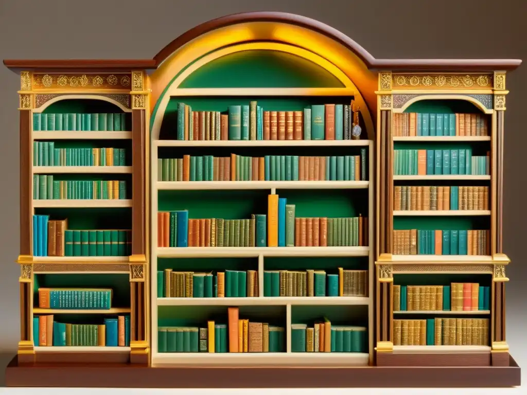 Detallada biblioteca en miniatura, con libros diminutos y atmósfera acogedora, evocando el encanto del universo literario ediciones miniatura