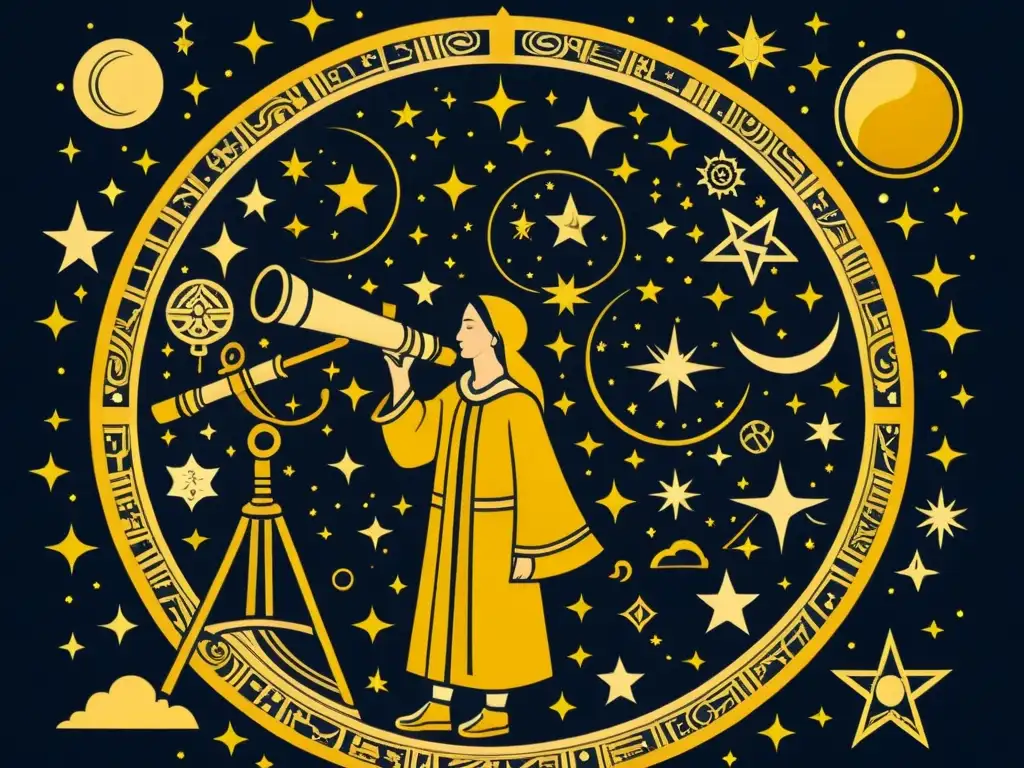 Un ilustración detallada en blanco y negro de un astrólogo renacentista mirando a través de un telescopio, rodeado de símbolos celestiales y figuras mitológicas