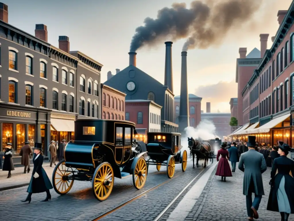 Detallada ilustración en blanco y negro de una bulliciosa calle de ciudad del siglo XIX, con carruajes, chimeneas industriales y parejas elegantes