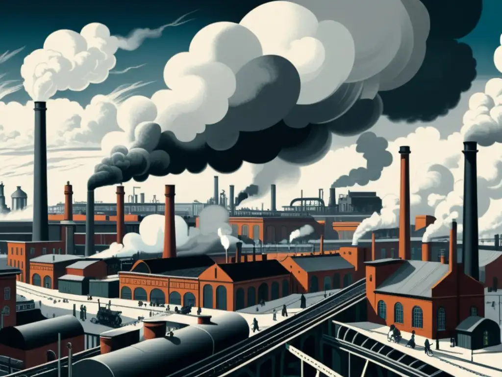 Detallada ilustración en blanco y negro de una bulliciosa ciudad industrial del siglo XIX, con altas chimeneas de humo, fábricas activas y una red de ferrocarriles